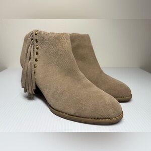 Vionic Faros Boots Womens 8 Tan Suede Studded Fringe Zip Ankle‎ Booties Cowgirl